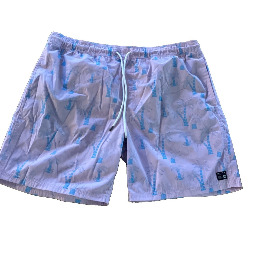 RVCA Swim Trunks Mens XXL Pink Drawstring Shorts Beach Blue Palm Trees Unlined